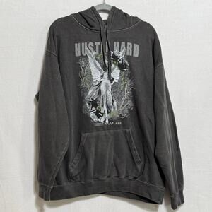 Hustle Hard Angel Graphic Hoodie Washed Gray Vintage Style Pullover Size XL